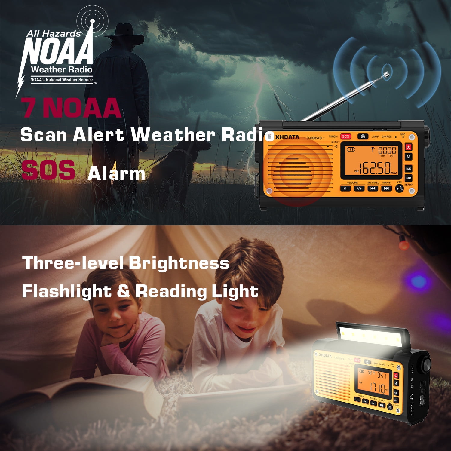 XHDATA D608WB - Emergency Weather Hand Crank Radio FM/AM/SW/NOAA Alert Portable, Bluetooth MP3, USB/Solar/Hand Crank Charging, Flashlight, Reading Lamp and SOS Alarm