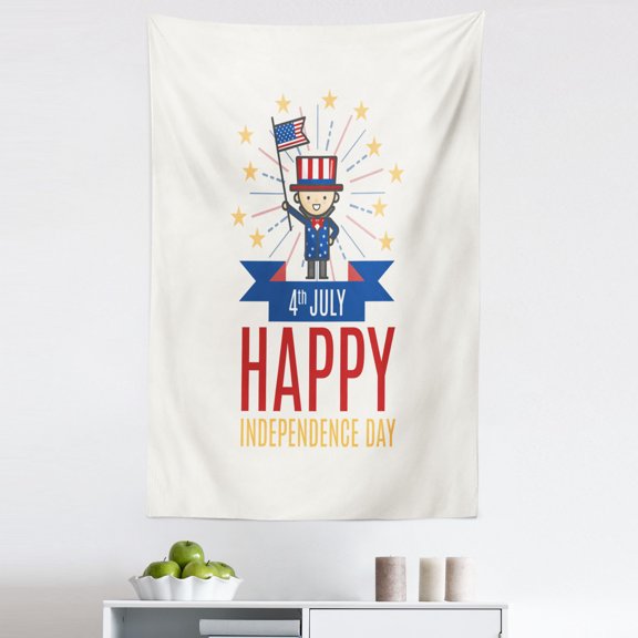 4th of July Tapestry, Cartoon Illustration Man in American Style Dress Waving National Flag, Fabric Wall Hanging Decor for Bedroom Living Room Dorm, 5 Sizes, Off White Multicolor, by Ambesonne