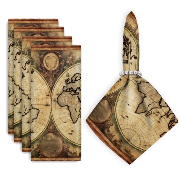 Bahomeck Cloth Napkins Set Of 4,18*18 Inch Washable Polyester Napkins Dining Table Napkins Weddings Party Dinner Parties(Retro World Map With Decorative Borders And Aged Paper Texture)
