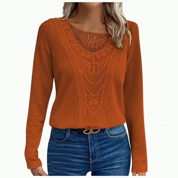 Towmus Lace Crochet Tops for Women Flowy Oversized Tshirts Ladies Long Sleeve V Neck Waffle Knit Textured Casual T-Shirts Blouse