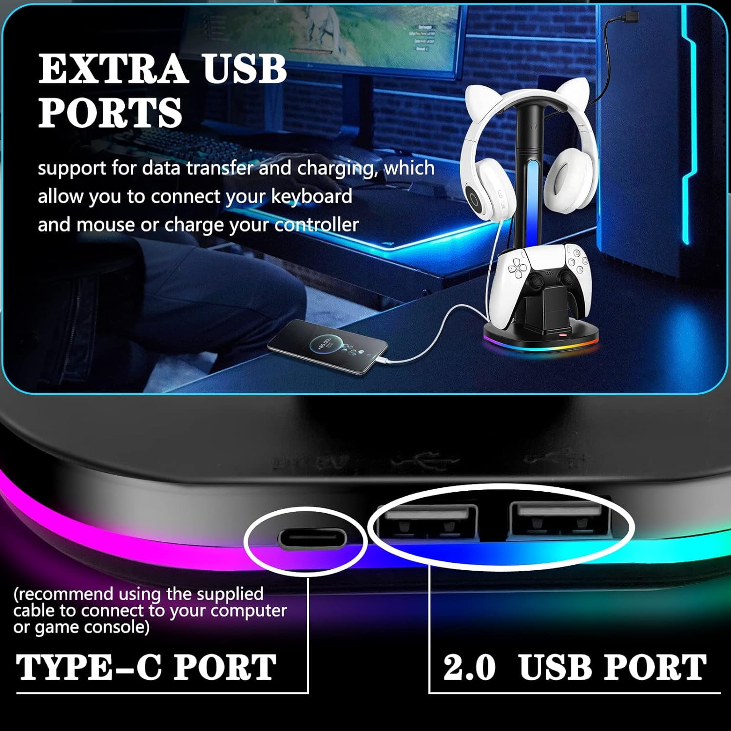 PS5 Controller Charging Station with Headphone Stand, with RGB light and 2 USB Charging Ports