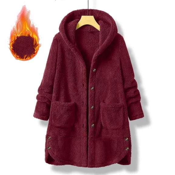 Wyobmus Oversized Winter Fleece Hoodies for Women Long Sleeve Button Down Soft Warm Fleece Hooded Coat Cozy Fluffy Lightweight Mid-Length Overcoat for Cold Weather A-Burgundy
