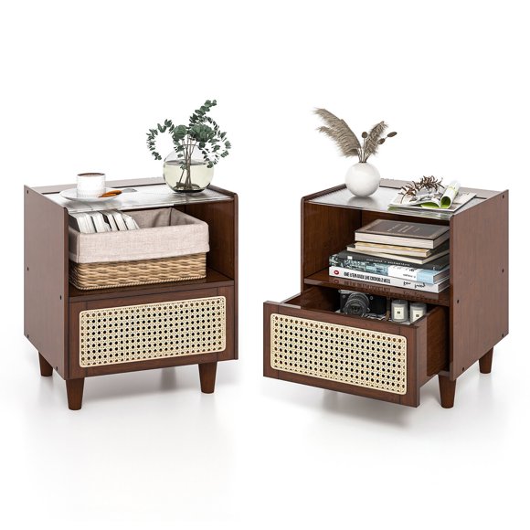 Gymax 2 PCS Bamboo Rattan Nightstand Boho Bedside End Table w/ Drawer Wood Legs Brown