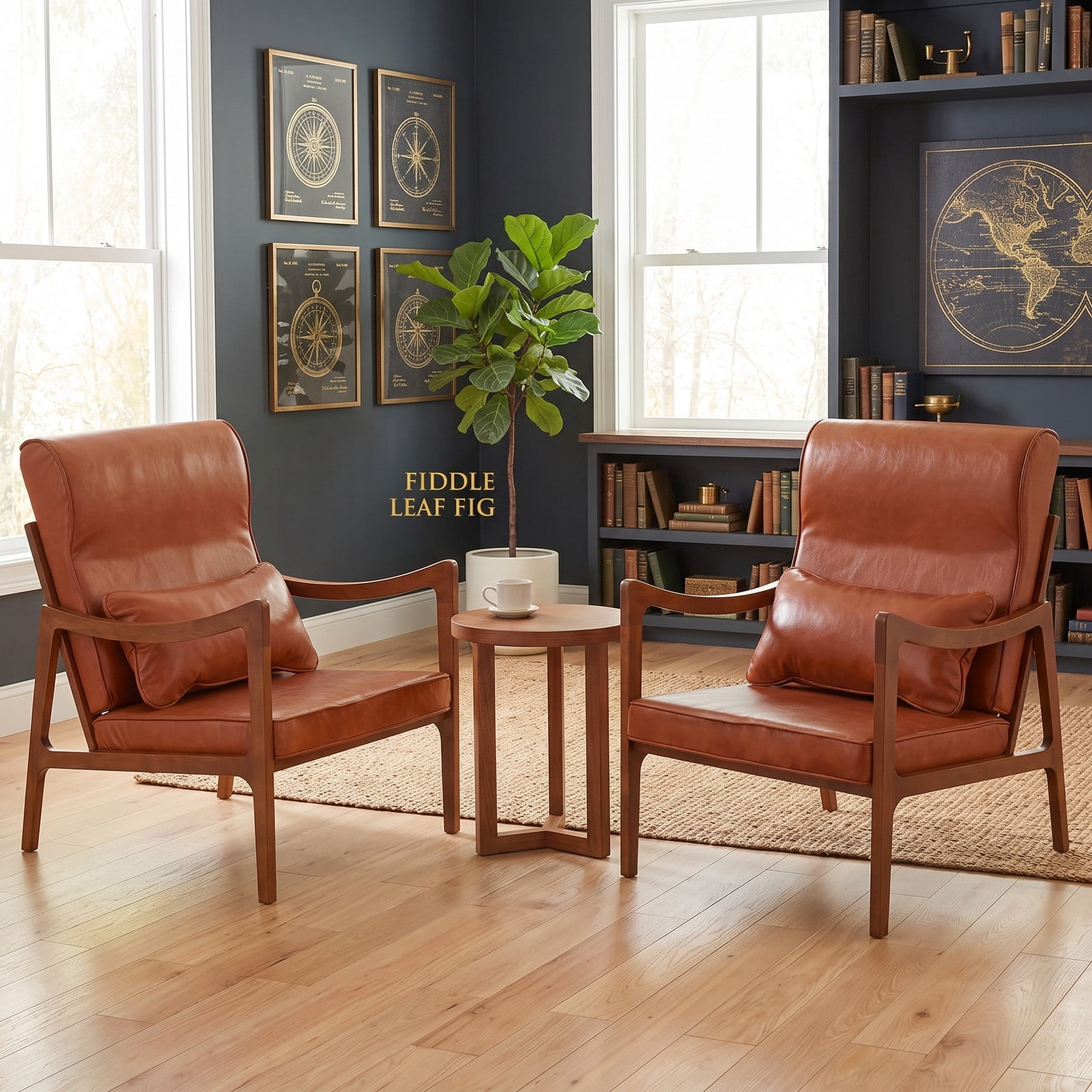 Furnibear Modern Accent Chair, Rubber Wood Faux Leather Upholstered Armchair with Removable Back Seat Cushion & Lumbar Pillow, Padded Living Room Reading Side, Brown
