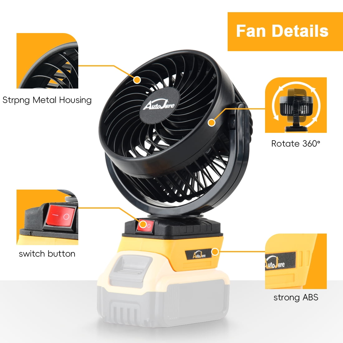 Portable Cordless Fan for Dewalt 20V, Battery Powered 360° Roating Fan Brushless Motor with 2 USB Charging Interface For Household, Office, Camping (No Battery)