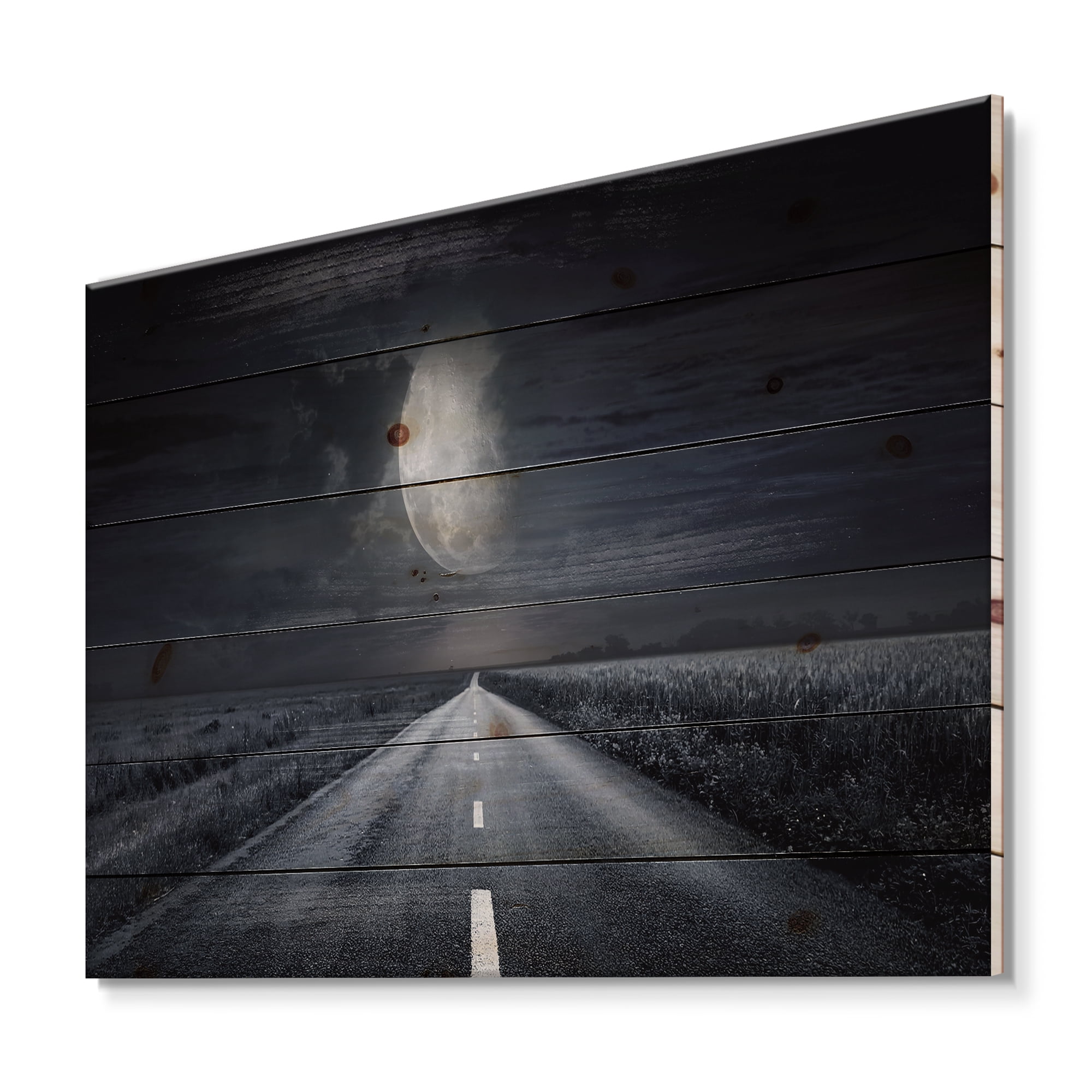Designart 'Cloudy Full Moon Over Asphalt Road III' Nautical & Coastal Print on Natural Pine Wood