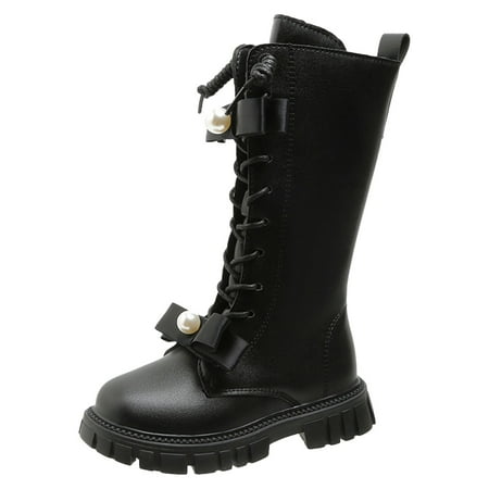 

Huesdet Kids Knee High Boots Lug Sole Tall Booties Buckle Strap Riding Boot Lace Up Side Zipper Bootie Girls Non-Slip Winter Shoes(Black 11.5-12 Years)