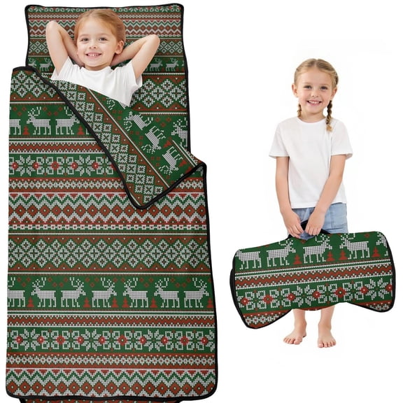 Red and Green Christmas Reindeer Pattern Toddler Nap Mats for Kids Preschool,50"x20" Sleeping Mat Bag or Kids,Toddler Sleeping Bag,Toddler Nap Mat or Daycare