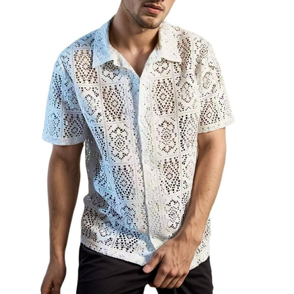 MIXUE Mens Casual Button Down Shirts Summer Solid Color Mesh Hollow Out See Through Lapel Short Sleeve Tops Streetwear,White,S