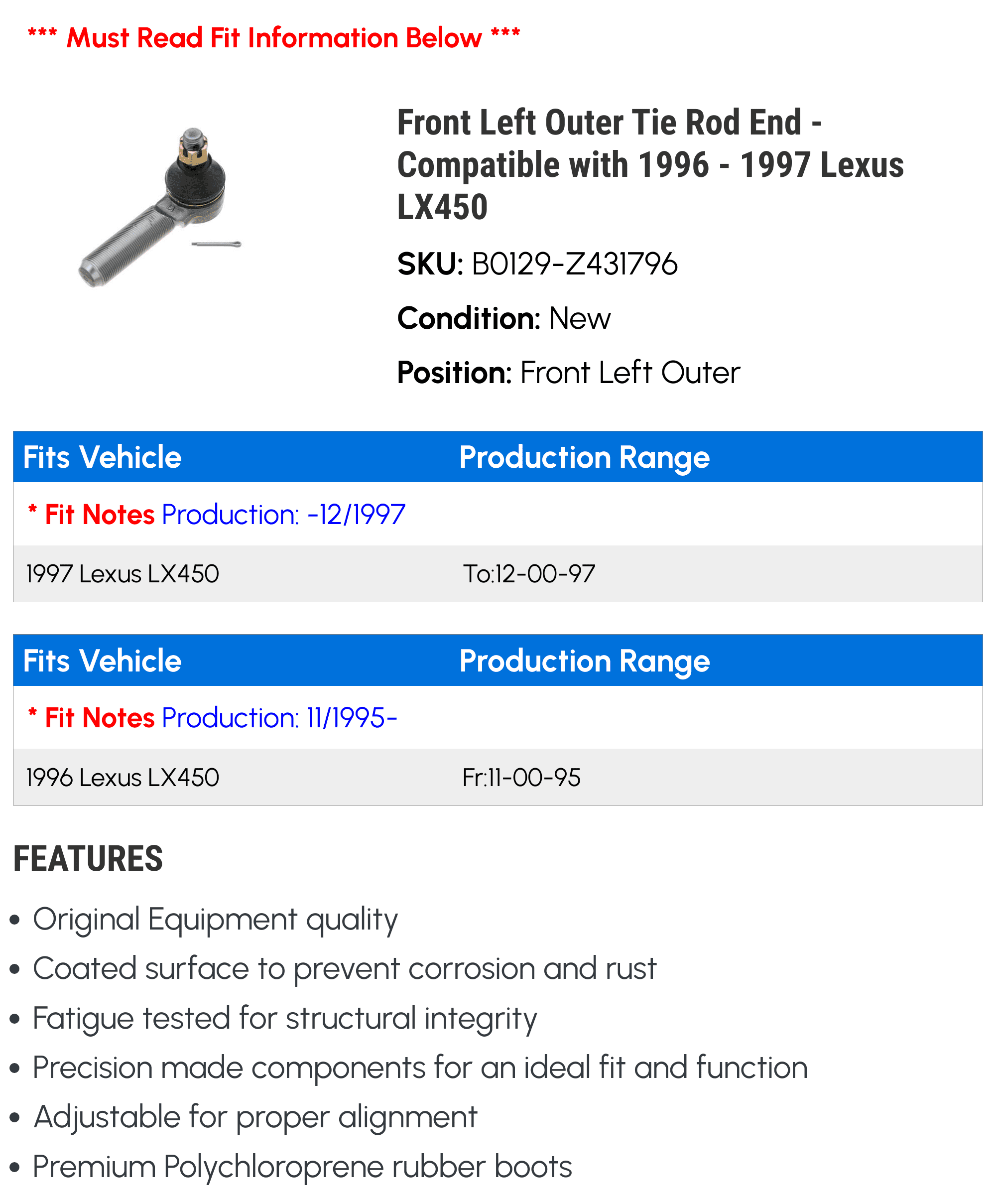 Front Left Outer Tie Rod End - Compatible with 1996 - 1997 LX450