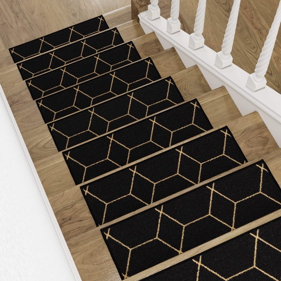 Slip-Resistant, Non-Adhesive, Durable, Stain-Resistant, Washable 8.5x26 in. Stair Treads to Enhance Safety, Protect Stairs, and Reduce Noise. Black and Gold Contemporary Geometric Design, Set of 7