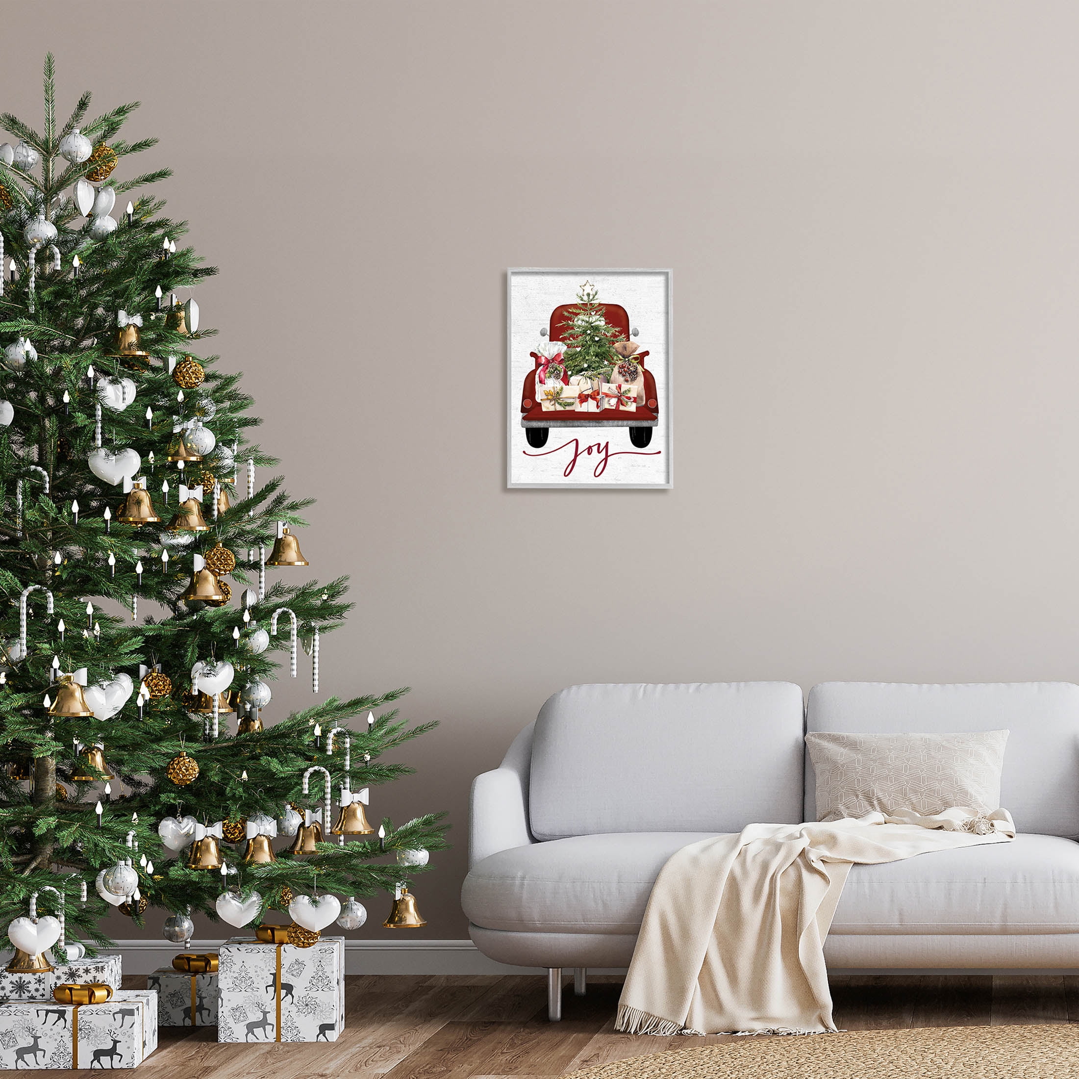 Stupell Industries Joy Holiday Red Gift Truck Graphic Art Gray Framed Art Print Wall Art, Design by Lettered and Lined