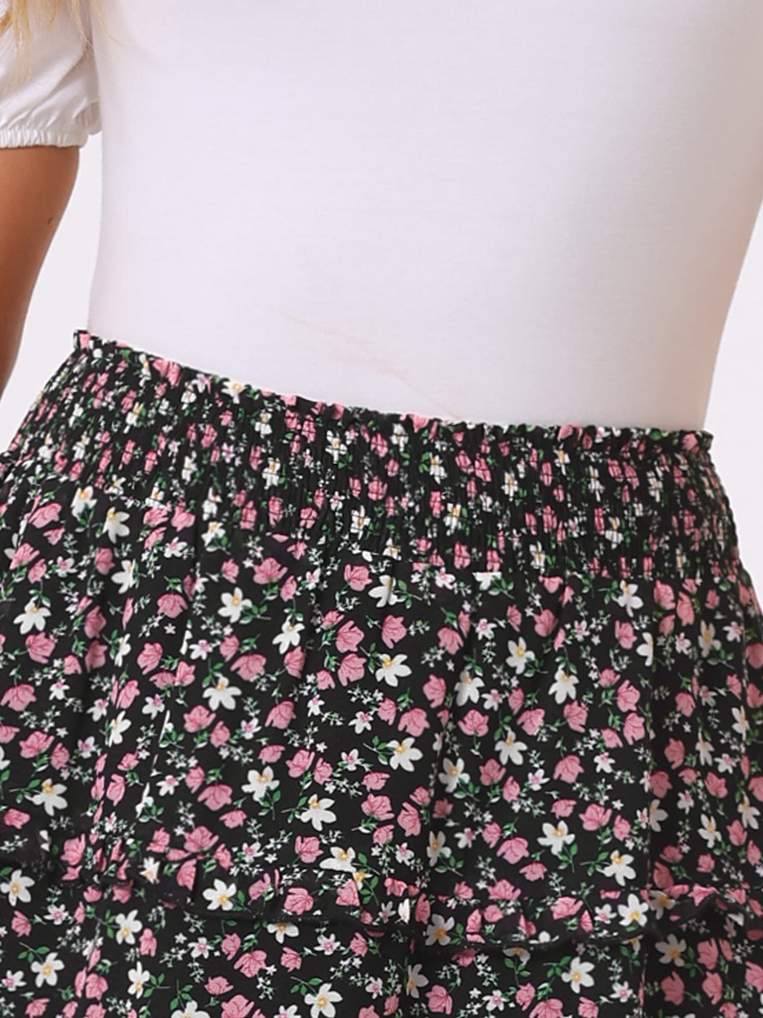 DARING DIVA Women's Floral Chiffon Layer Ruffle Hem Midi Skirt L Black1
