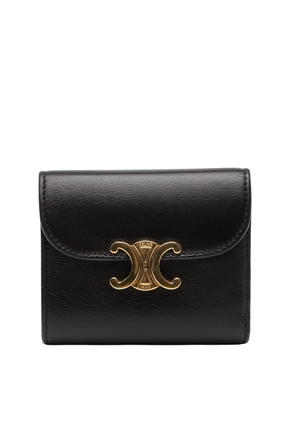 Pre-Owned Celine Triomphe Small Flap Wallet, Tri-fold Black Leather, Women's CELINE