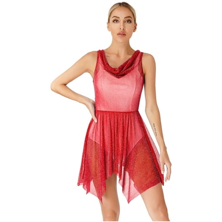 JanJean Women Sleeveless Draped Neck Sequins Mesh Praise Dance Tunic Overlay Dress Lyrical Dancewear Burgundy S