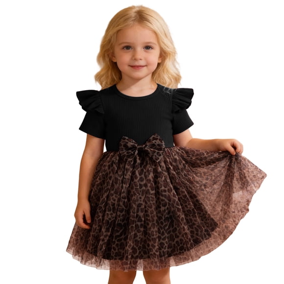 Rhuody Summer Dresses For Girl Sleeveless Leopard Print Bow Tie Mesh Tutu Dress Party Gown For Kids Lovely Clothes 3-4 Years Black