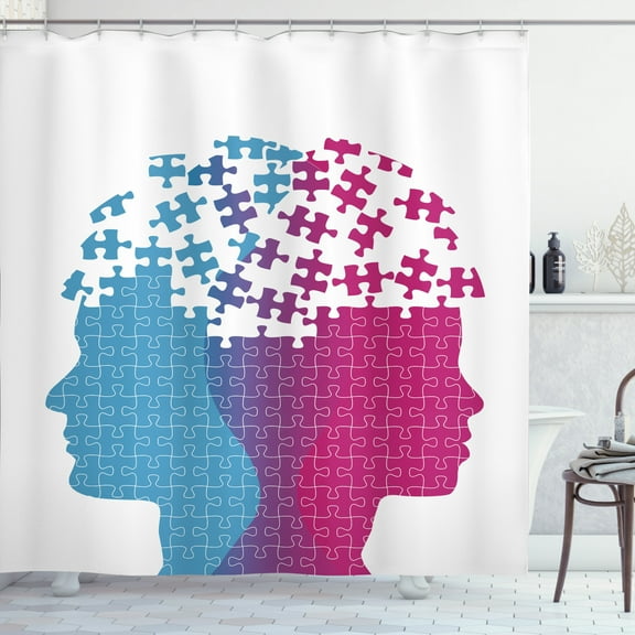 Puzzle Print Shower Curtain, Abstract Jigsaw Couple Complexity and Psychology, Fabric Bathroom Set with Hooks, 69W X 70L Inches, Magenta Sea Blue, by Ambesonne