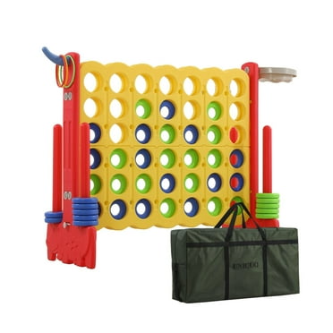 UNICOO® Giant 4 in a Row Game with Carrying Bag, Giant 4-to-Score Game Set with Basketball and Hoop, Ring Toss, Indoor & Outdoor Family Party Game for Kids & Adults (Red   Yellow)