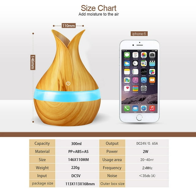 300ml LED Essential Oil Diffuser Humidifier Aromatherapy Wood Grain Vase Aroma