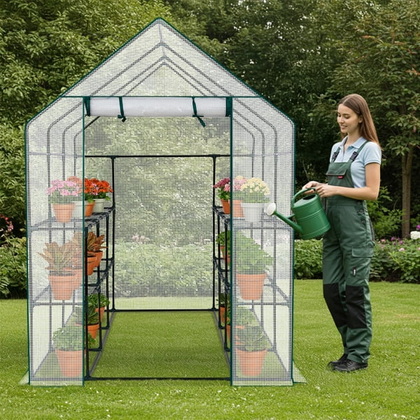 Mini Walk-in Greenhouse with PE Cover, 8-Shelf Indoor Outdoor Plant Gardening Green House for Garden Backyard, 56" x 56" x 77", White