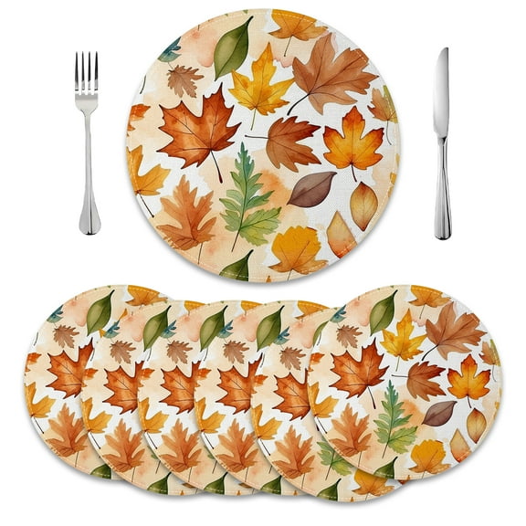 MIZHONA Fall Leaves Round Placemats Set of 6 Autumn Thanksgiving Table Mat 14 inch for Kitchen Dining Table Decoration