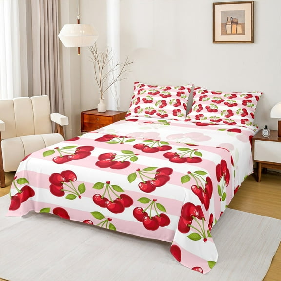 Castle Fairy Cute Cherry 3pcs Twin Sheet Sets,Geometric Stripes Twin Fitted Sheet,Green Red Breathable Flat Sheet,Lightweight Fruit Room Decor