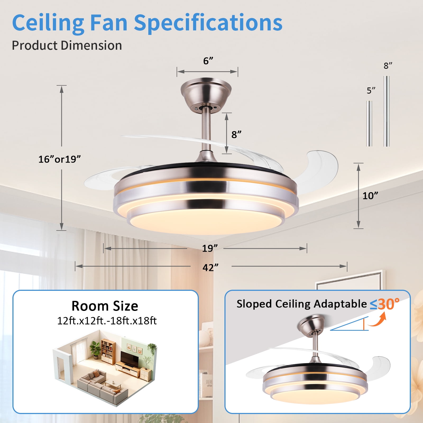 Smart Retractable Ceiling Fan with Light, 42 Inch Fandelier Remote Control, 3 Color Temperature Dimmable LED, 6 Speed Quiet Reversible DC Motor for Bedroom Living Room Kitchen