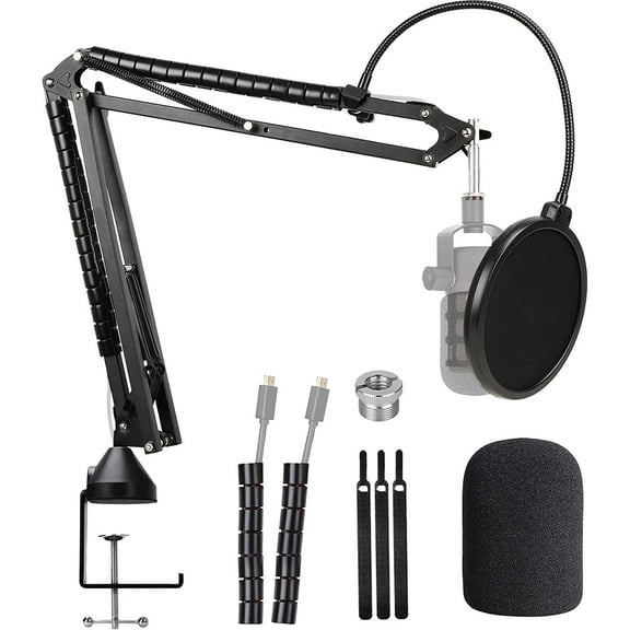 SUNMON for Rode Podmic Microphone Stand with Mic Windscreen and Dual Layered Mic Pop Filter, Computer Gaming Boom Arm for Rode PodMic Podcasting Microphone