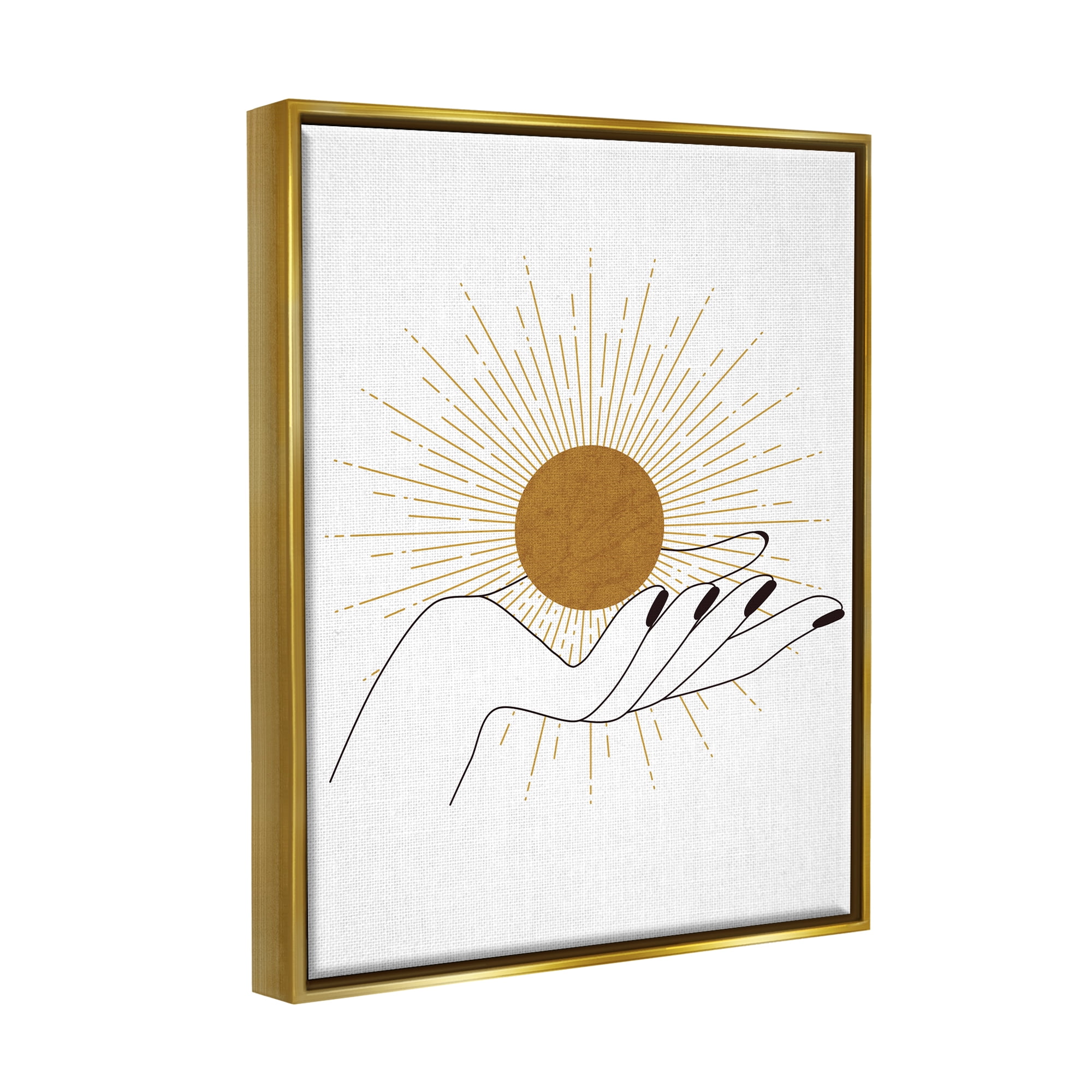 Stupell Industries Hand Holding Deco Inspired Sun with Rays Metallic Gold Framed Floating Canvas Wall Art, 24x30, by JJ Design House LLC