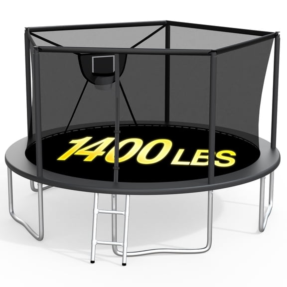 XMIKA Outdoor Trampoline 14FT, Trampolines with Safety Enclosure Net for Kids, Backyard Recreational Trampoline with Basketball Hoop, Ladder, Heavy-Duty Round Trampoline for Adult, 1400LBS Loading