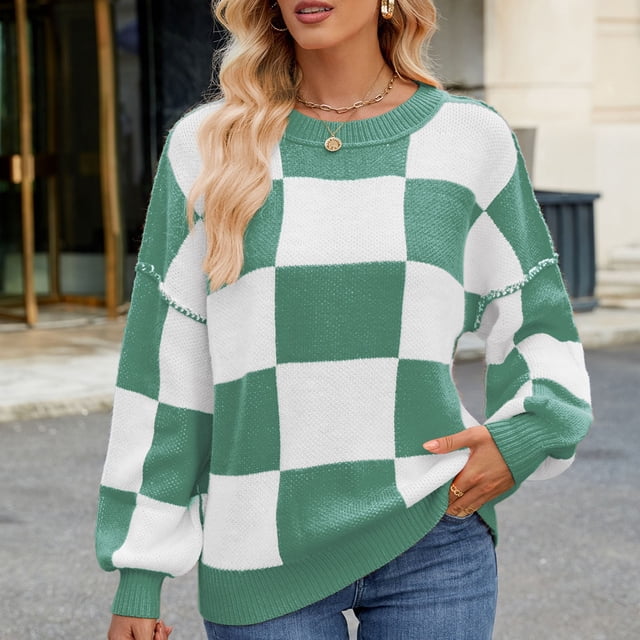 Suéter de cuello redondo para mujer, moda de invierno, informal, cuello redondo, elegante, color sólido, con volantes, manga larga, suéter, blusa de poliéster para mujer