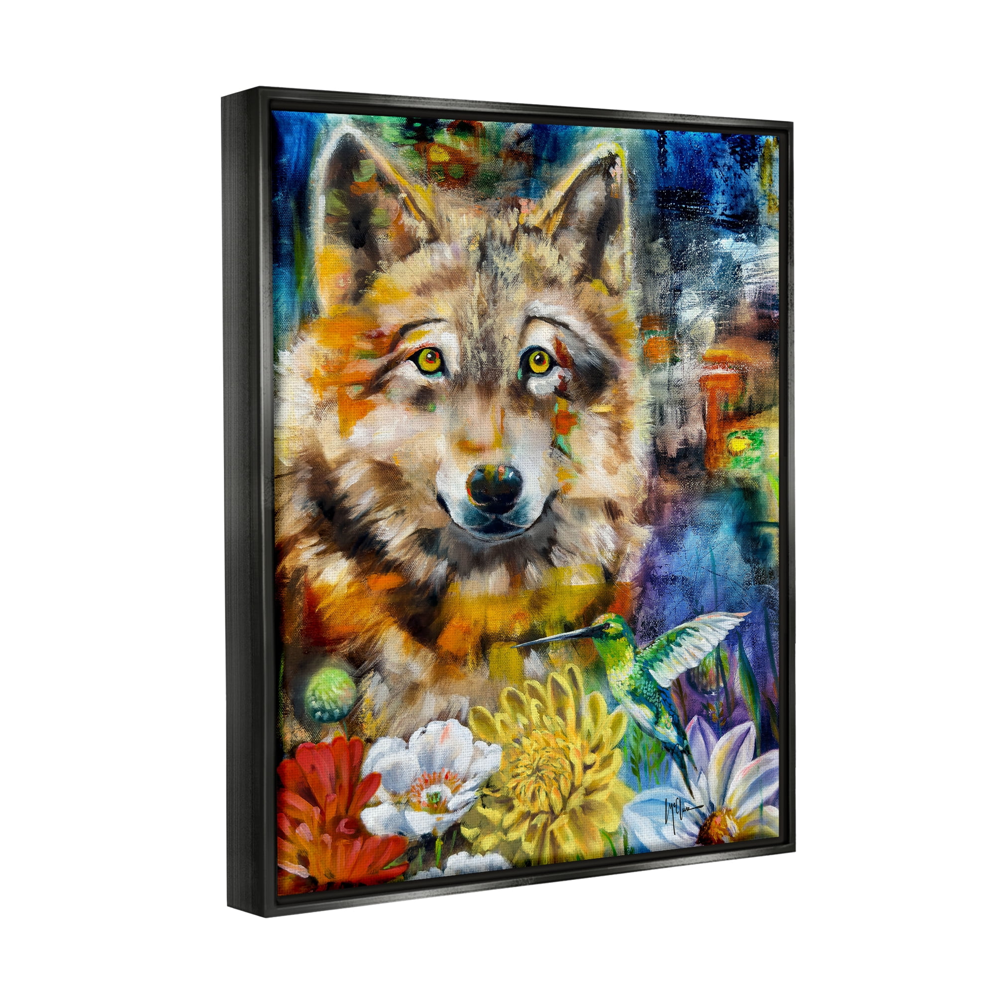 Stupell Industries Wolf with Abstract Florals Animals & Insects Painting Black Floater Framed Canvas Art Print Wall Art, 17 x 21