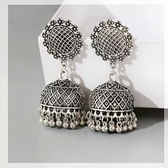 HOOUN Vintage Flower Gold Alloy Bollywood Earrings for Women Ethnic jhumka Earring-Silver-2