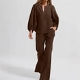 thumbnail image 3 of MLCDZ Elegant Cotton Linen 2 Piece Outfits for Women Long Puff Sleeve V Neck Blouse with Straight Leg Pants Business Casual Sets with Pockets, 3 of 7