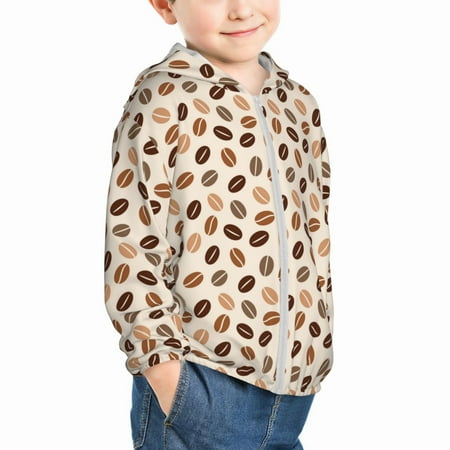 

Uemuo Cute Coffee Bean Print Pattern Rash Guard for Boys Girls Long Sleeve Swim Shirts UPF 50+ UV Sun Protection Hooded Fishing Shirt with Pocket for Kid-5 Years
