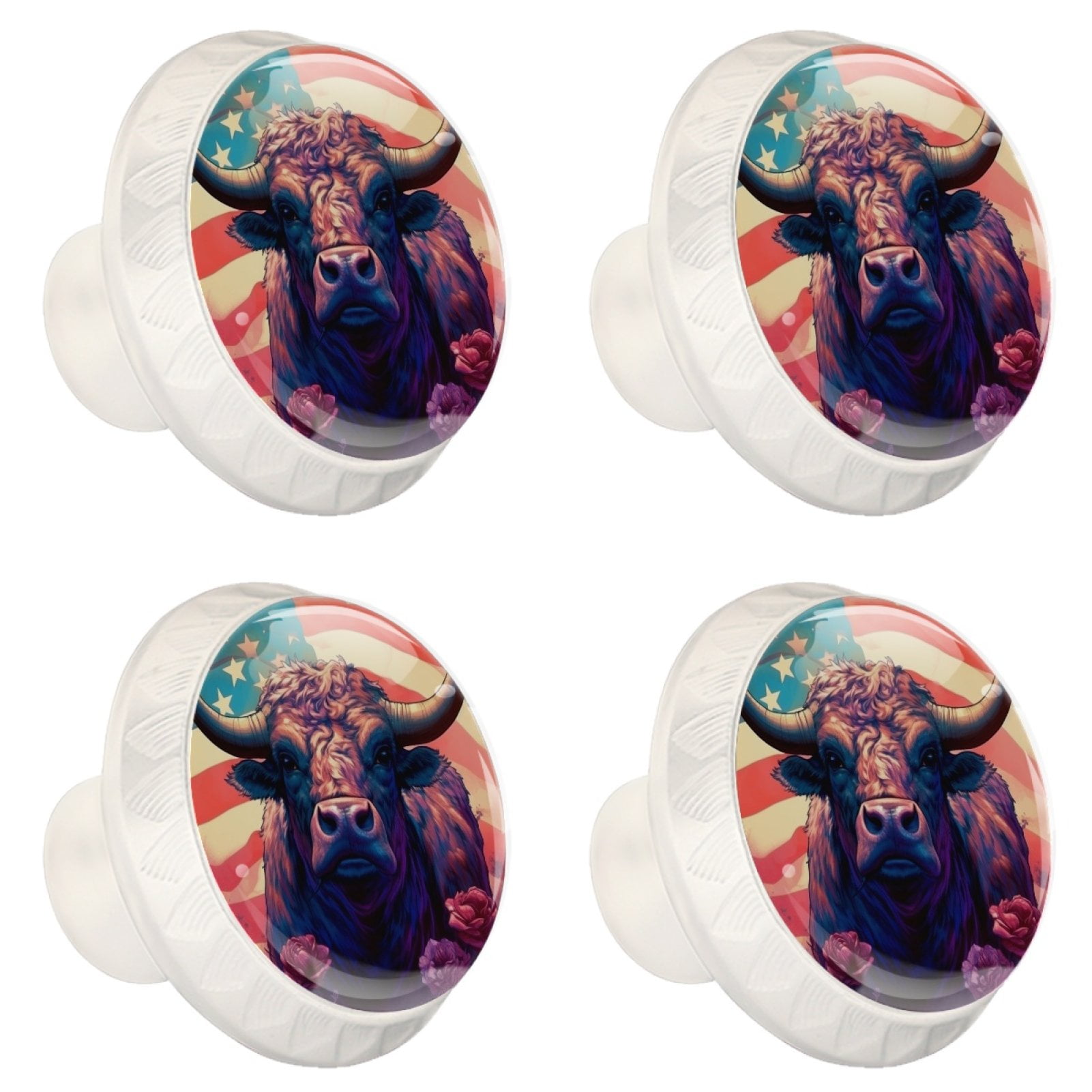 4 Pcs Cow American Flag Knobs for Kitchen Cabinet Cupboard Dresser Bookcase Drawer Pulls Handles Round Home Decor