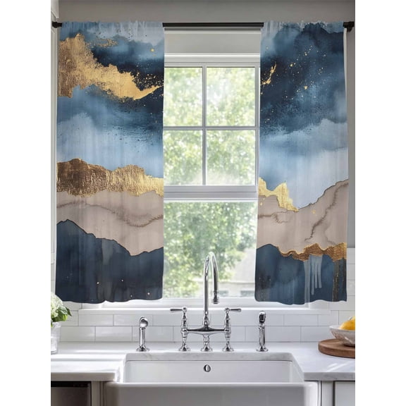 Modernism Sheer Curtains 63 Inches Long 2 Panels Abstract Art Blue Gold Color Block Collage Art Light Filtering Semi Sheer Window Curtains Drapes for Bedroom Living Room 52"x63"