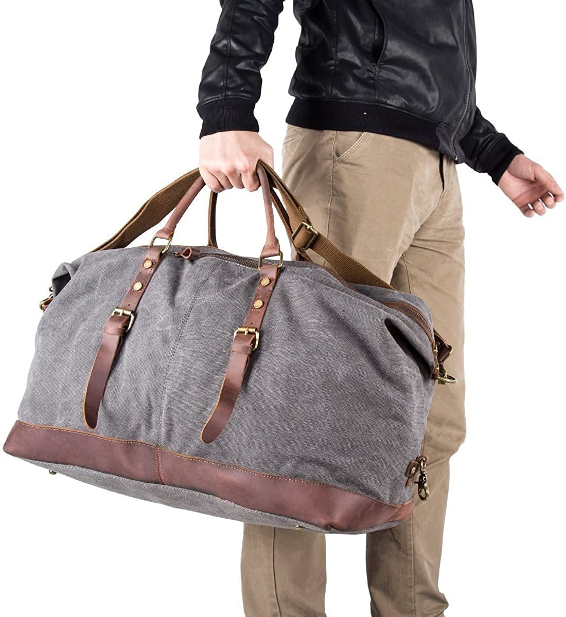 BAOSHA Canvas PU Leather Travel Tote Duffel Bag Carry on Bag Weekender Overnight Bag 