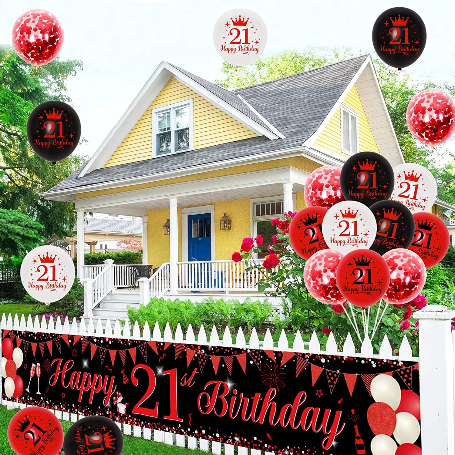 Red and Black 21st Birthday Decorations for Boys Girls, 21 Birthday Party Supplies with Happy 21st Birthday Yard Banner 9.8 x 1.6ft Confetti Foil Balloons Triangle Flag for 21st Birthday Party Decor