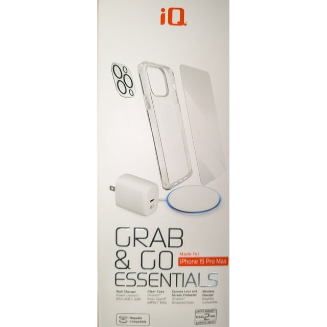 iQ Grab & Go Essential Kit for iPhone 15 Pro Max | Premium Accessory Bundle with iSHIELDZ Screen Protector, Clear Slim Case, MagSafe-Compatible Wireless Charging Pad, and 30W PD Wall Charger