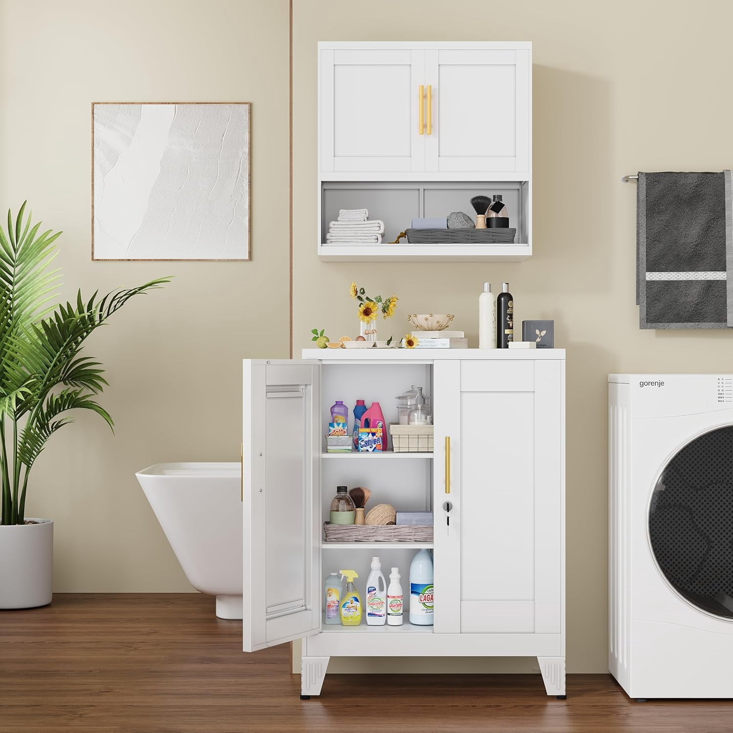 LEHOME 36" White Floor Storage Cabinet, Locked Metal Storage Cabinets with 2 Doors and 2 Adjustable Shelves, Sideboard Buffet Cabient, Freestanding Cabinet for Home/Office/Garage/Tool Room/Bathroom