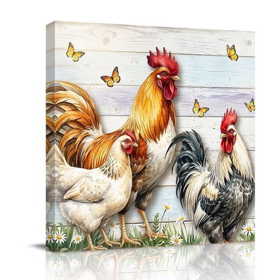 Canvas Wall Art Rooster Farmhouse Hen Canvas Art Print Country Butterfly Rustic Wood Grain Pictures Wall Decor for Living Room Bedroom Artwork Decorations Stretched Framed Ready to Hang 10"x10"