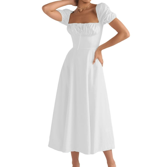 ZAXARRA Robe Longue d'Été pour Femmes Couleur Unie Manches Courtes Col Carré Froncée Robe de Soirée