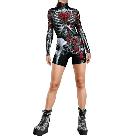 hirigin Women Halloween Cosplay Playsuits Skeleton Print Mock Neck Long Sleeve Skinny Short Jumpsuits One-Piece Clothes
