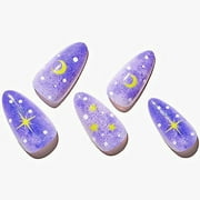 GLAMERMAID Purple Ombre Press on Nails Medium Almond, Gothic Short Fake Nails Almond, Light Galaxy False Nail Kits with Star Design, Stick Glue on Nails Sets Oval Gel Summer Nails Kit for Women Gift