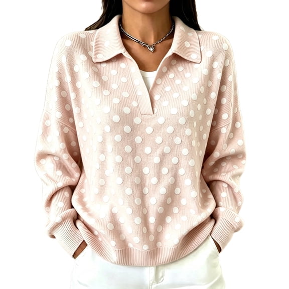 Women's Polka Dot Knit Sweater Long Sleeve Collared V Neck Casual Pullover Soft Relaxed Fit Fall Sweater