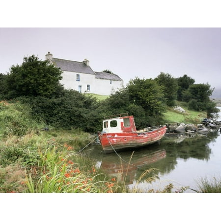 Red Boat and House, Ballycrovane, Beara Peninsula, County Cork, Munster, Republic of Ireland Print Wall Art By Patrick