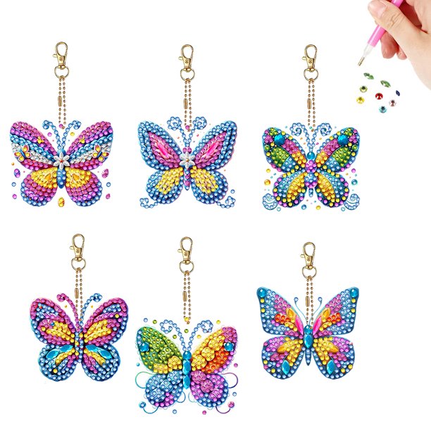 Llavero Pintura Diamantes 6pcs Forma Especial Doble Cara Rainbow Mariposa