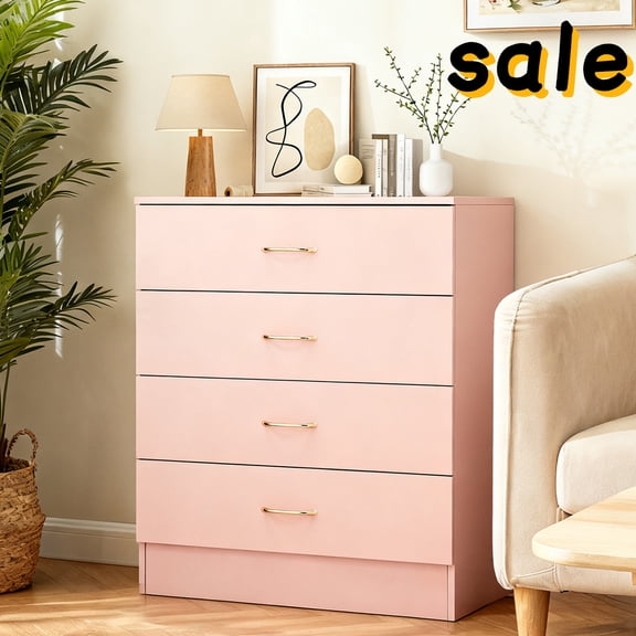 Hassch 4-Drawer Dresser for Bedroom, Chest of Drawers with Gold Handles, Closet Organizer for Bedroom, Living Room, Hallway, Pink