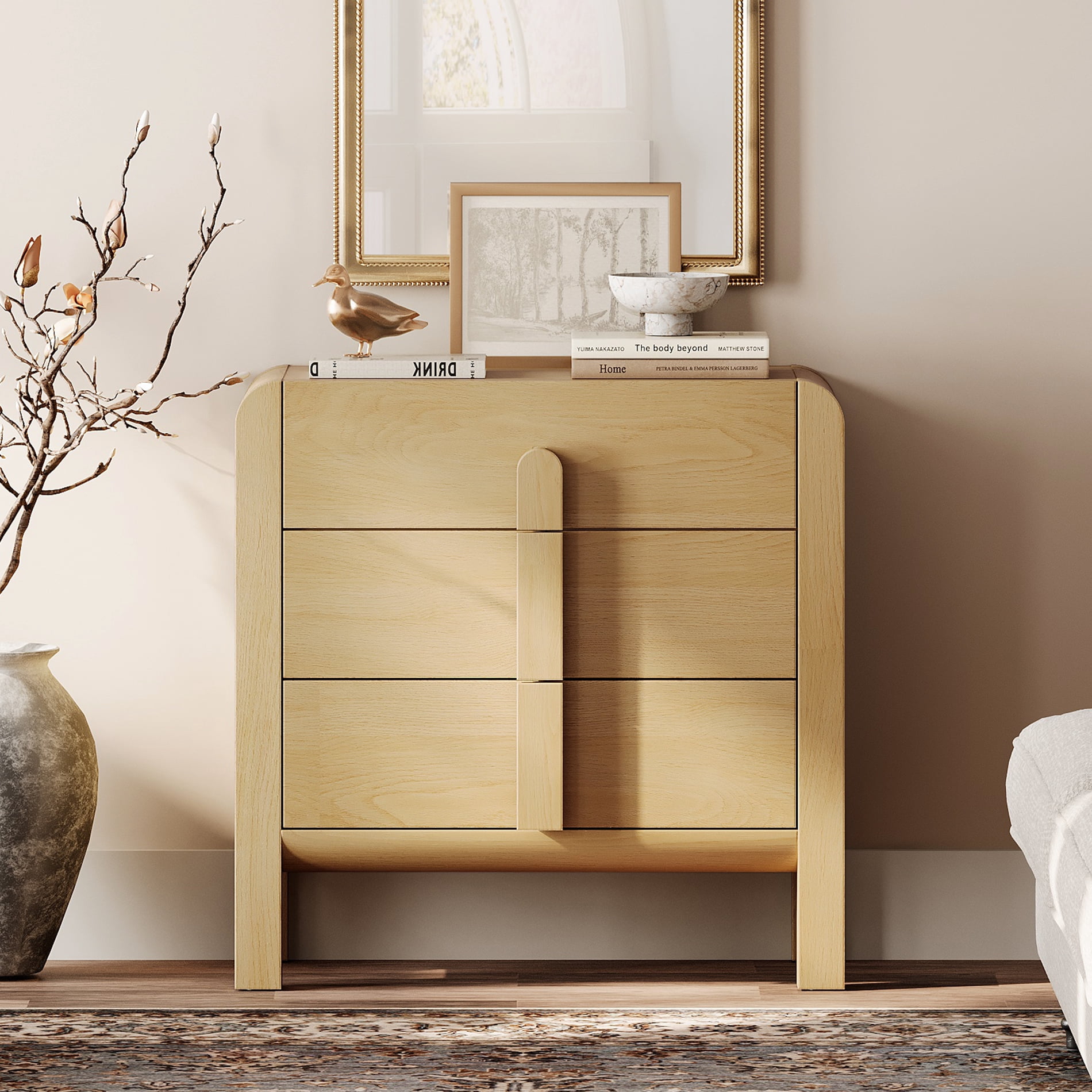 Modern Wood 3-Drawer Dresser with Curved Profile Design, Mid Century Dresser Organizer Storage for Bedroom,Living room, Entryway